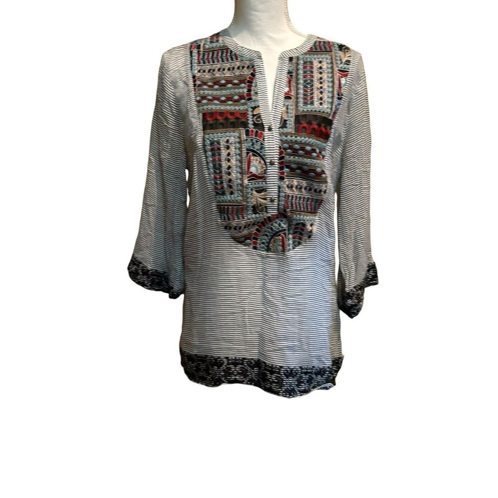 Soft Surroundings Embroidered Stripe Tunic Top Boho Semi Sheer 3/4 Sleeve Medium
